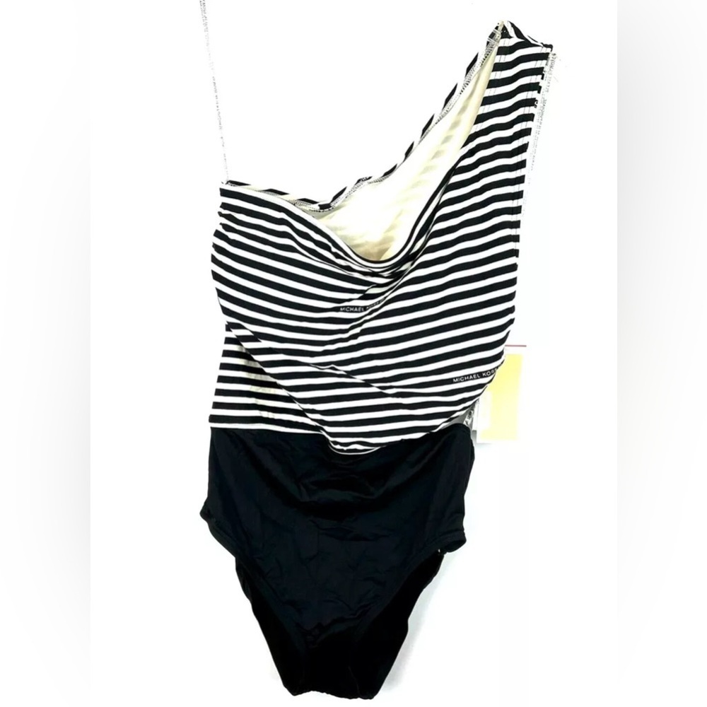 Michael Kors Womenβs Stripe One Shoulder Cut Out One Piece Swimsuit Size 12